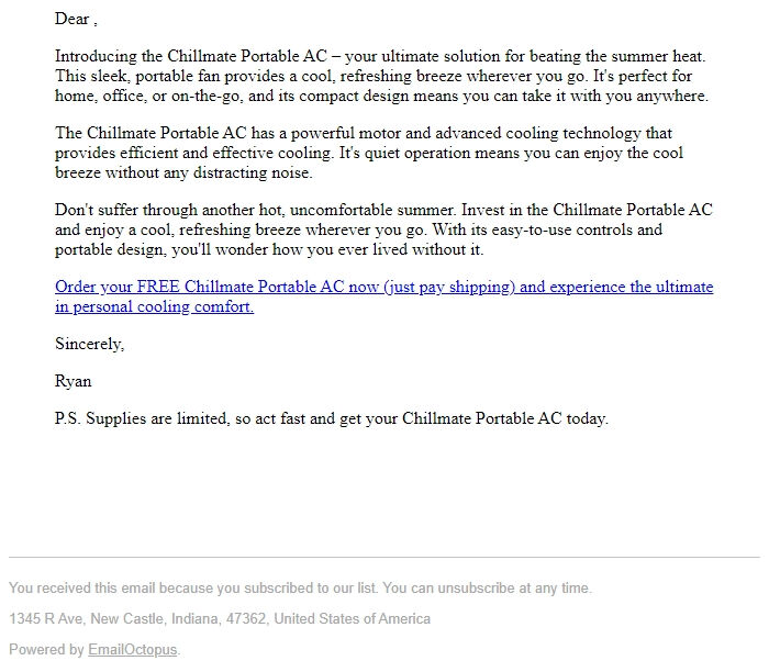 Screenshot of the email generated on import