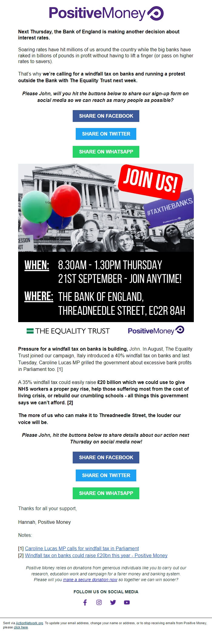 Screenshot of the email generated on import