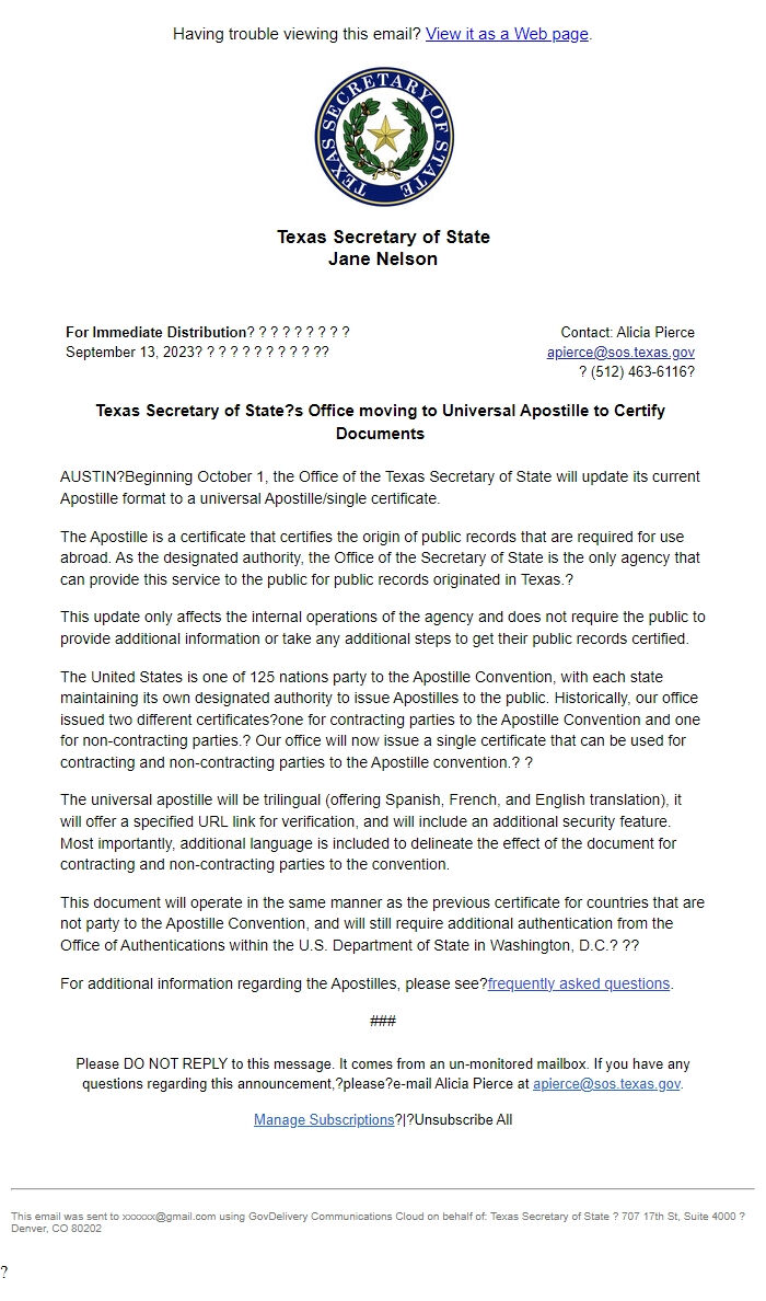 Screenshot of the email generated on import