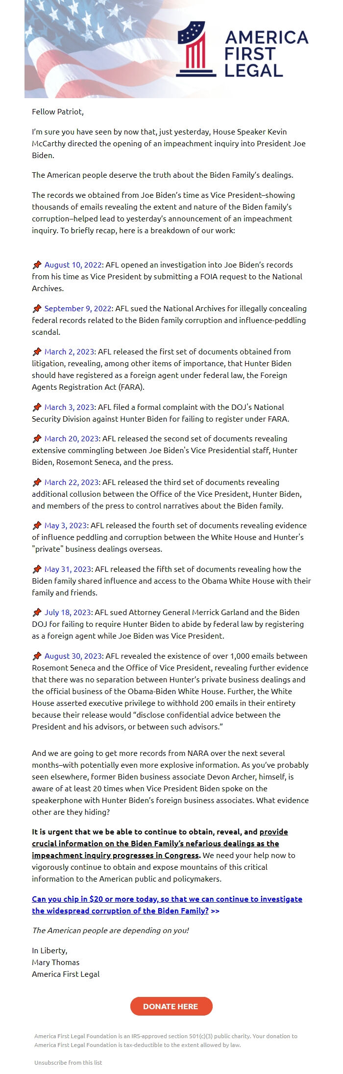 Screenshot of the email generated on import