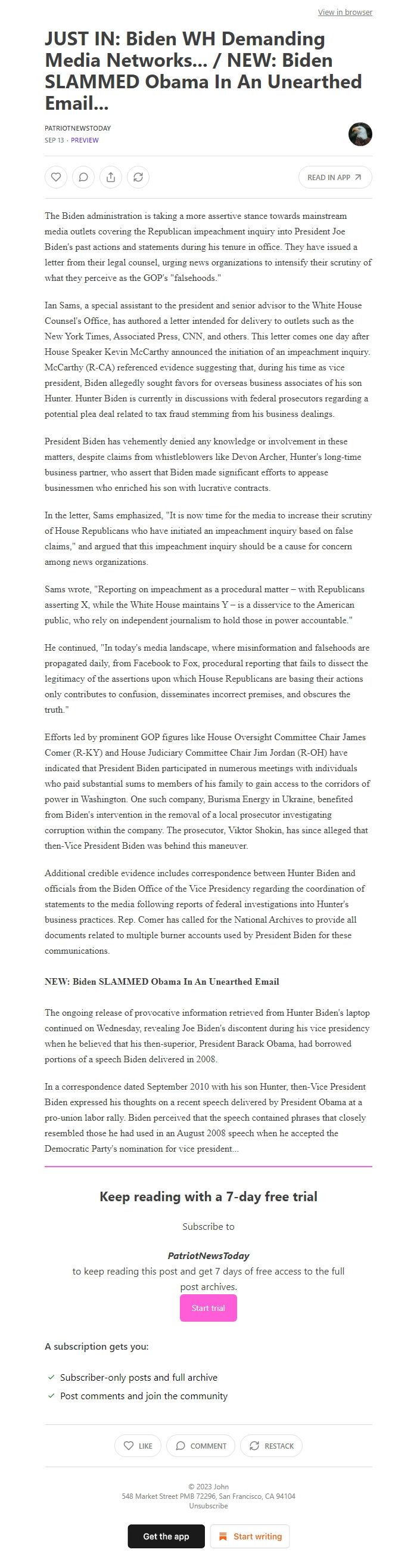 Screenshot of the email generated on import