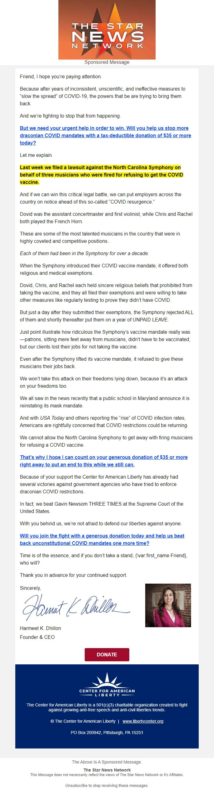 Screenshot of the email generated on import