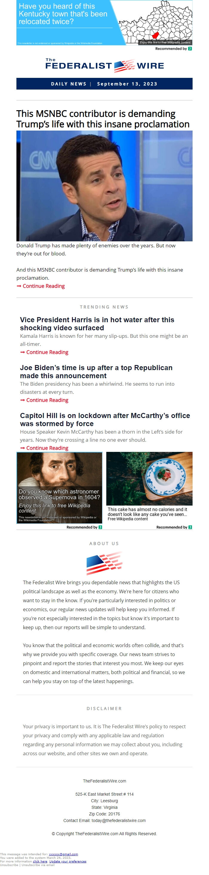 Screenshot of the email generated on import