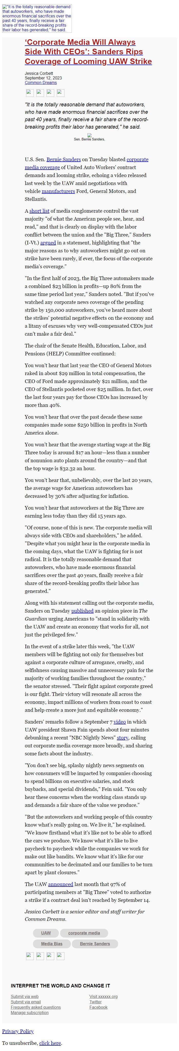 Screenshot of the email generated on import