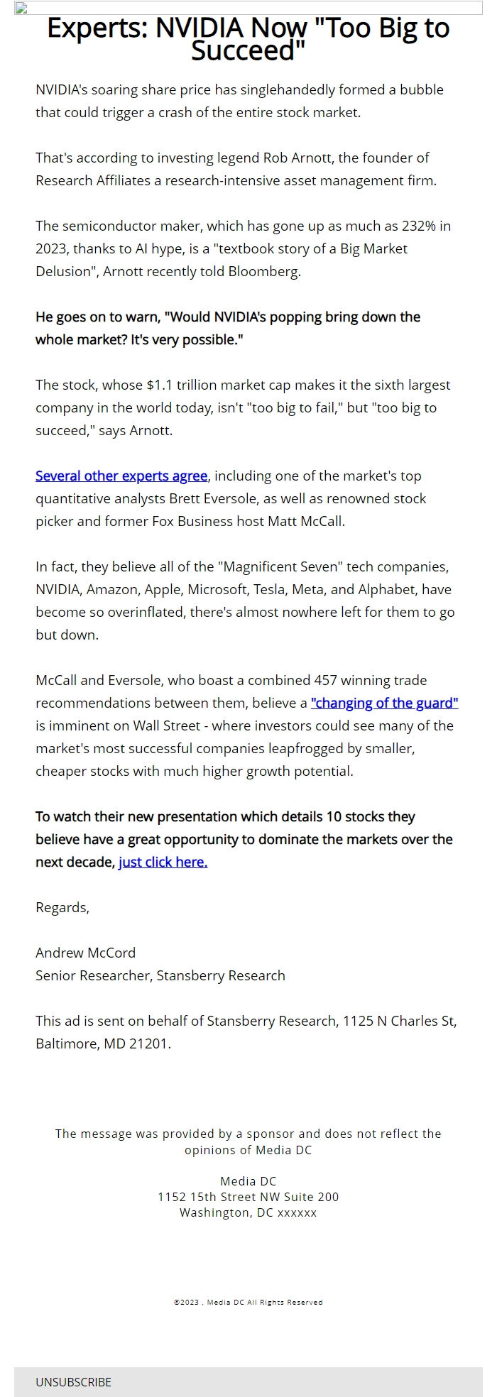 Screenshot of the email generated on import