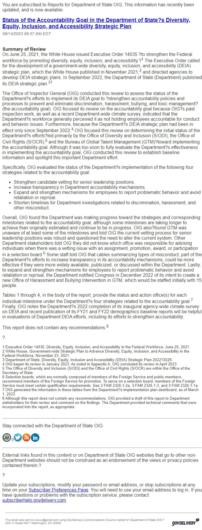 Screenshot of the email generated on import