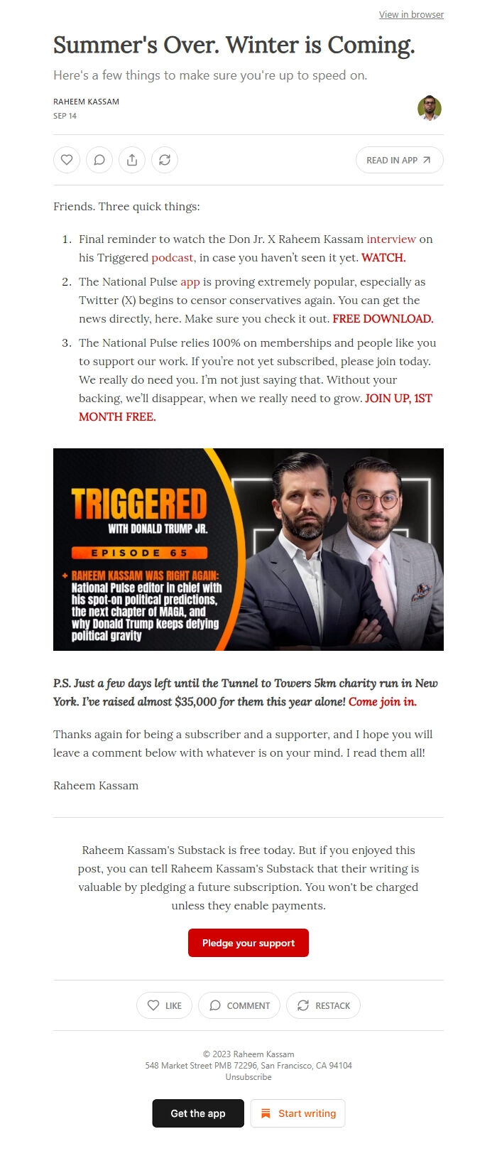 Screenshot of the email generated on import