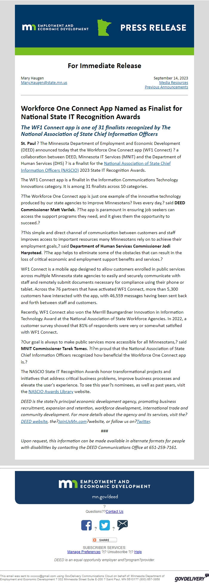 Screenshot of the email generated on import