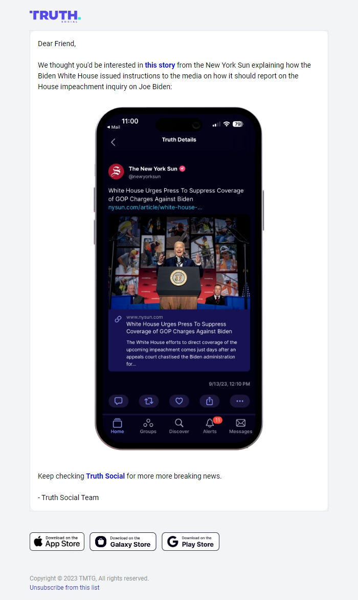 Screenshot of the email generated on import