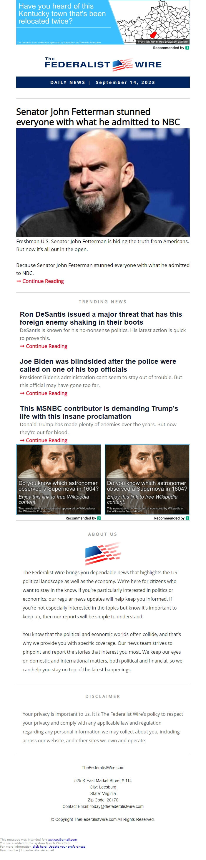 Screenshot of the email generated on import