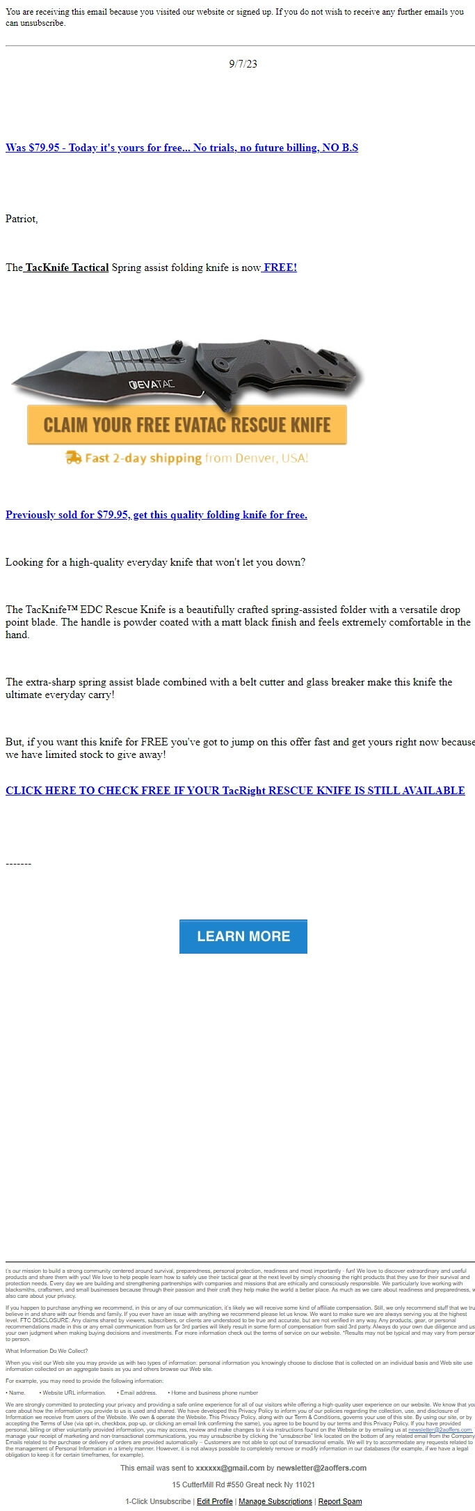 Screenshot of the email generated on import