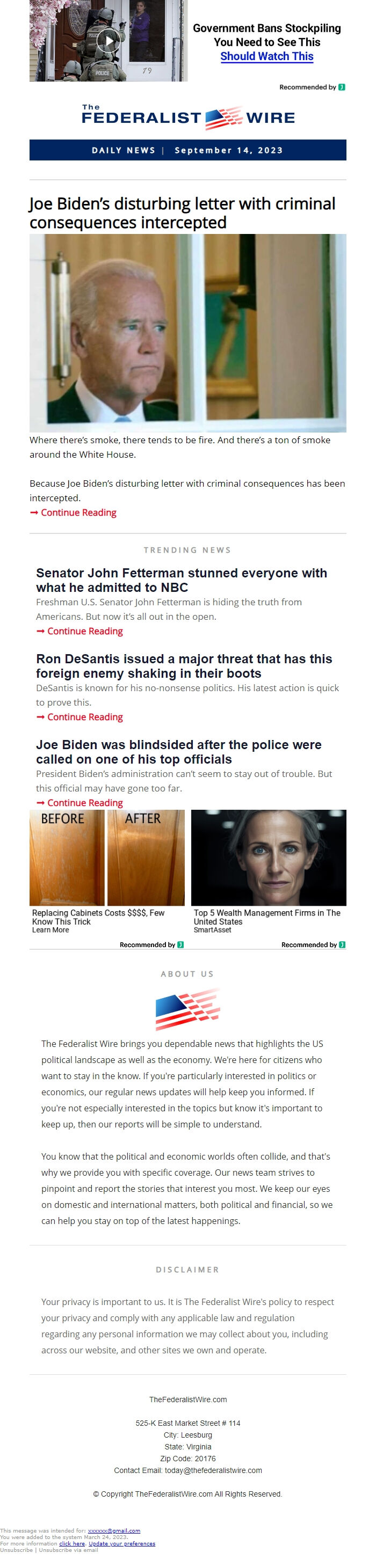 Screenshot of the email generated on import