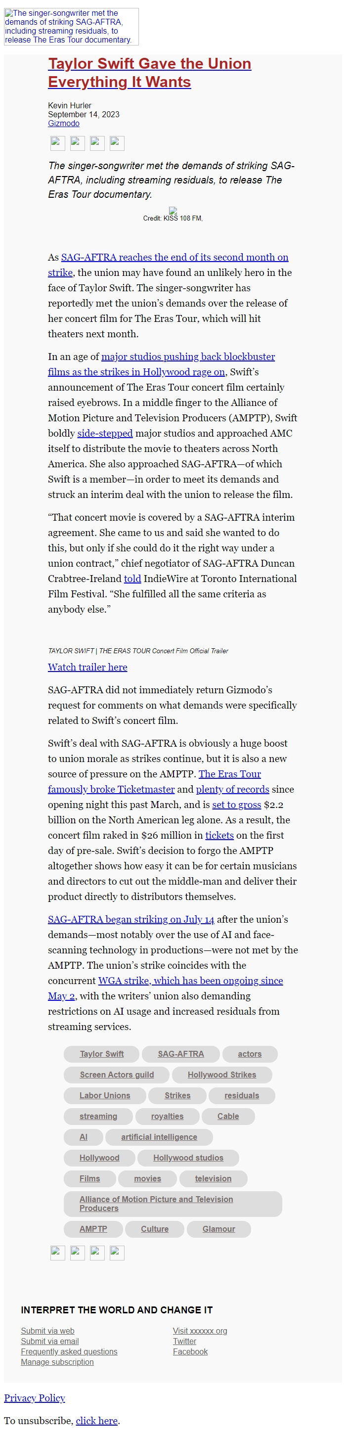 Screenshot of the email generated on import