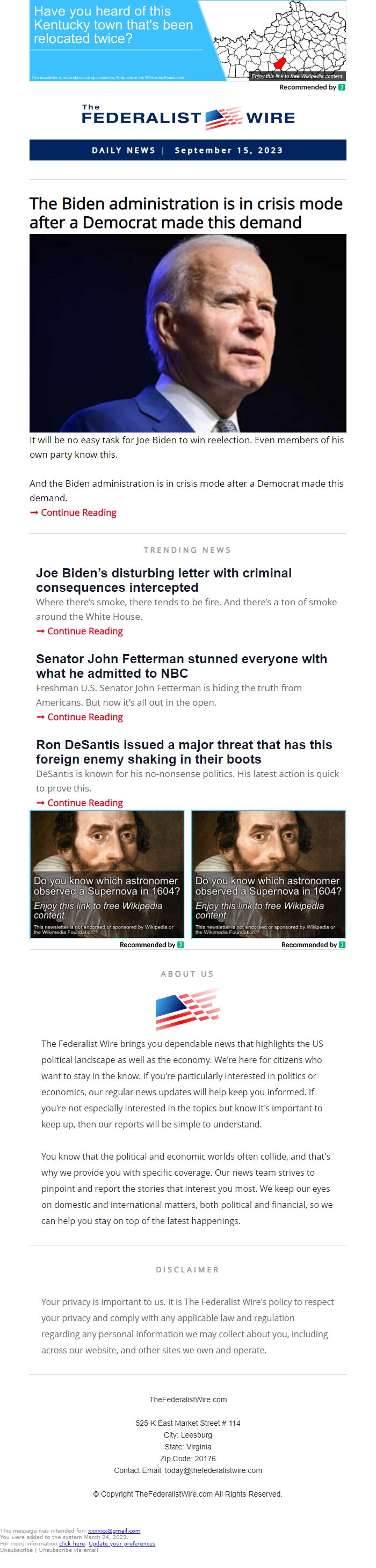 Screenshot of the email generated on import