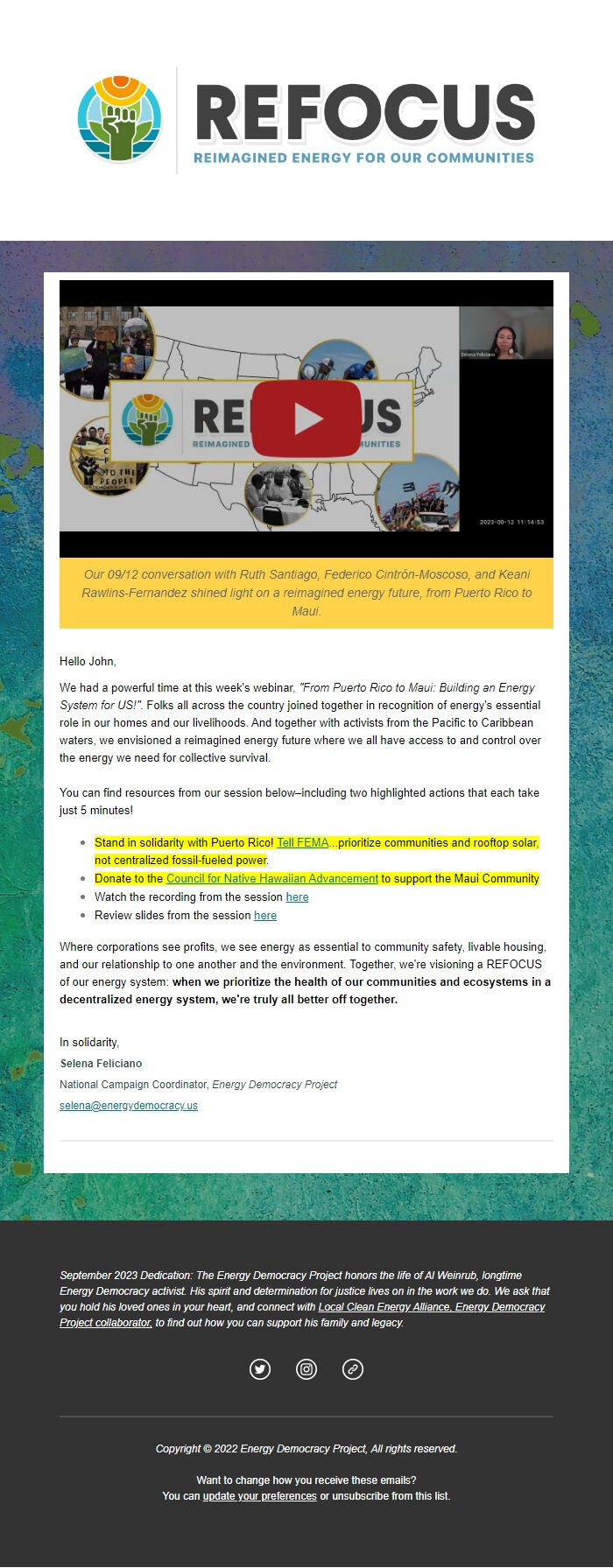 Screenshot of the email generated on import