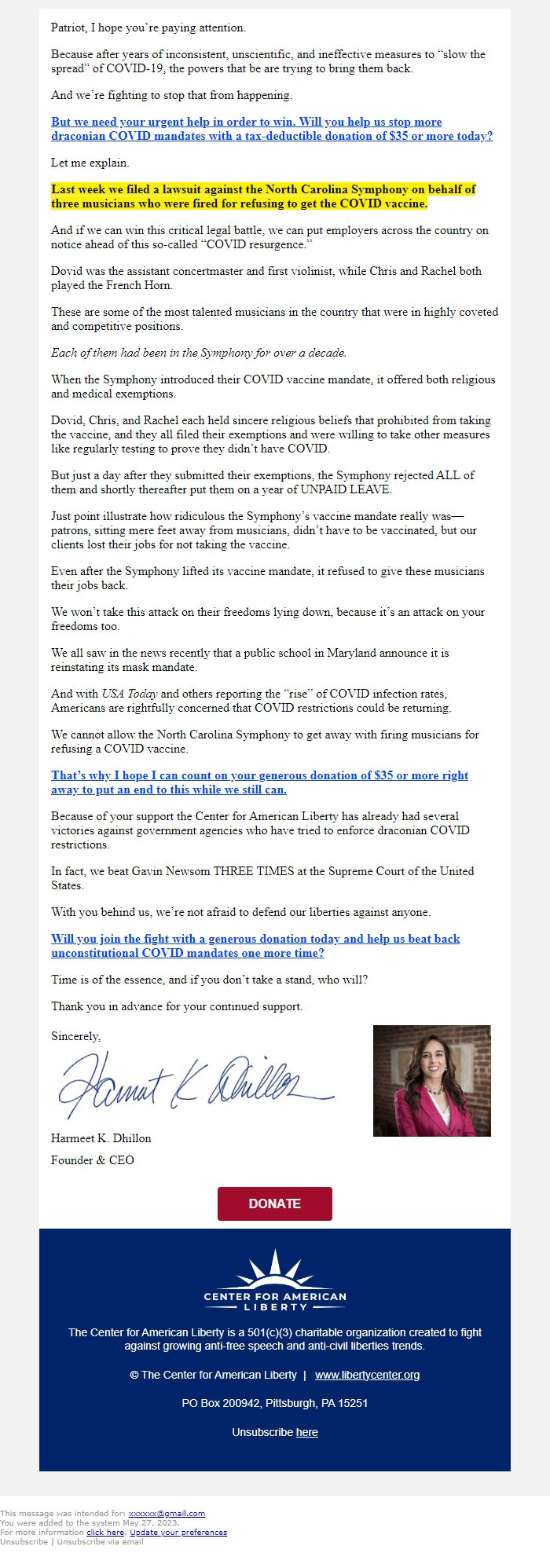 Screenshot of the email generated on import