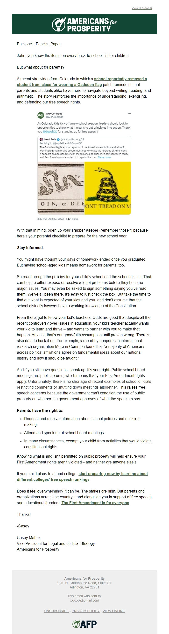 Screenshot of the email generated on import