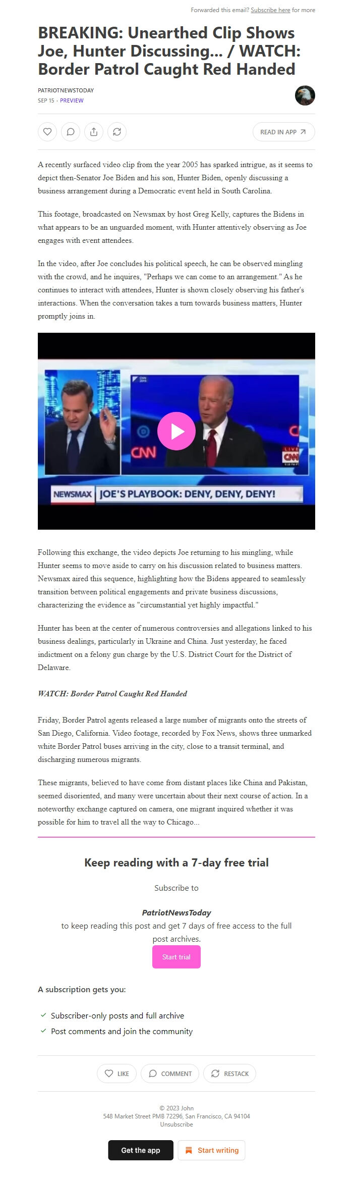 Screenshot of the email generated on import