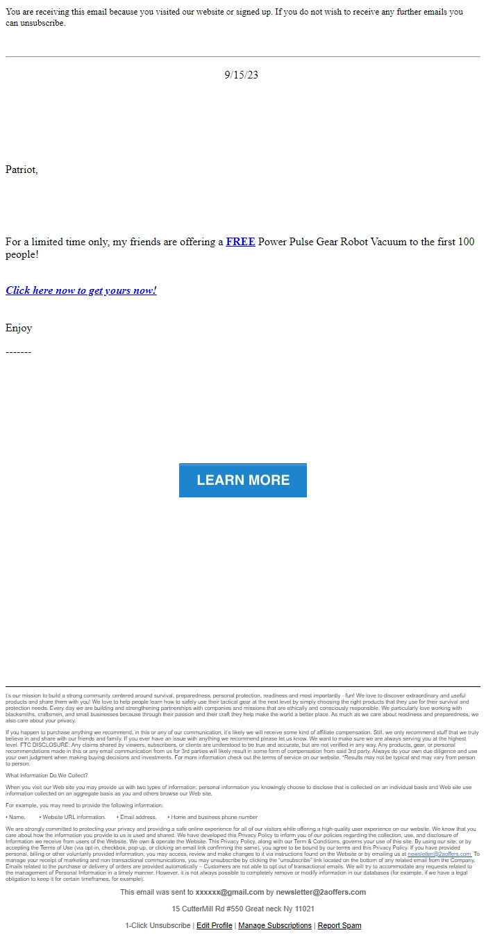 Screenshot of the email generated on import