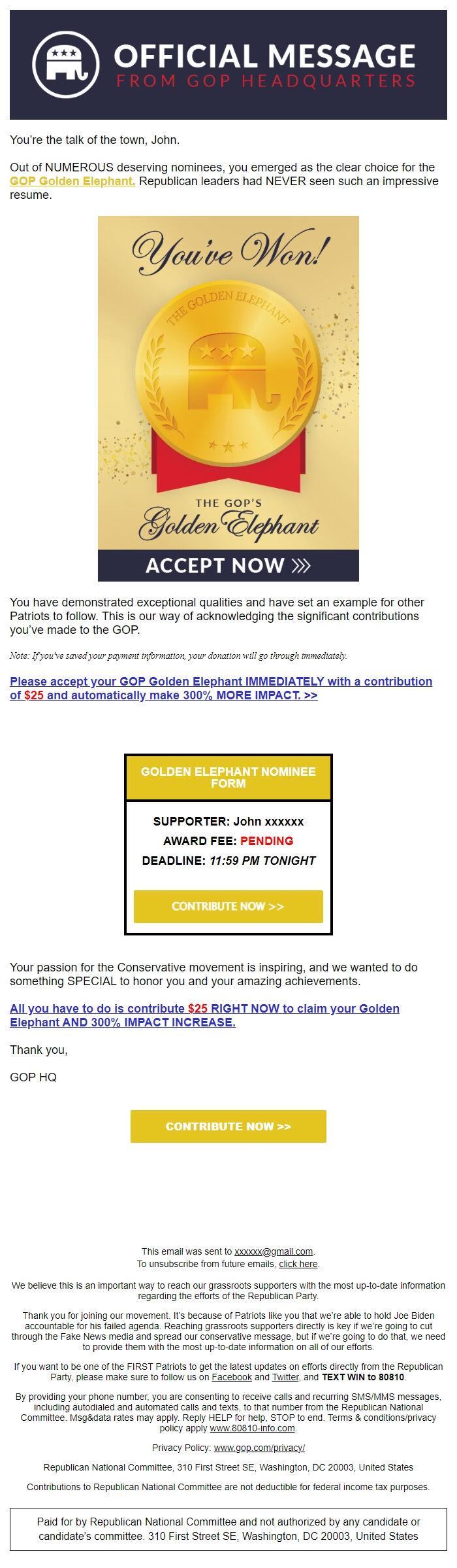 Screenshot of the email generated on import