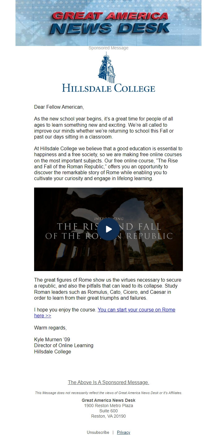 Screenshot of the email generated on import