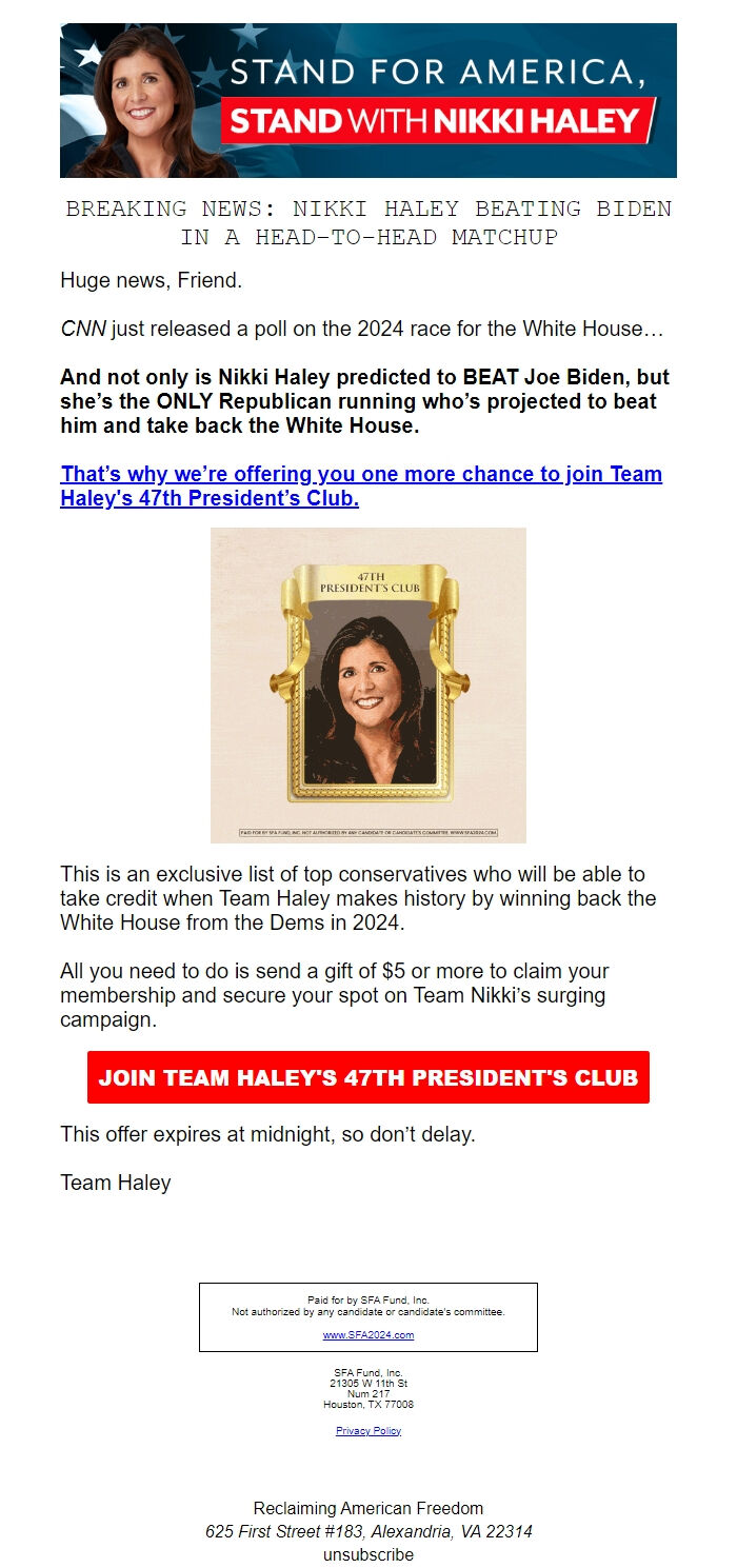 Screenshot of the email generated on import