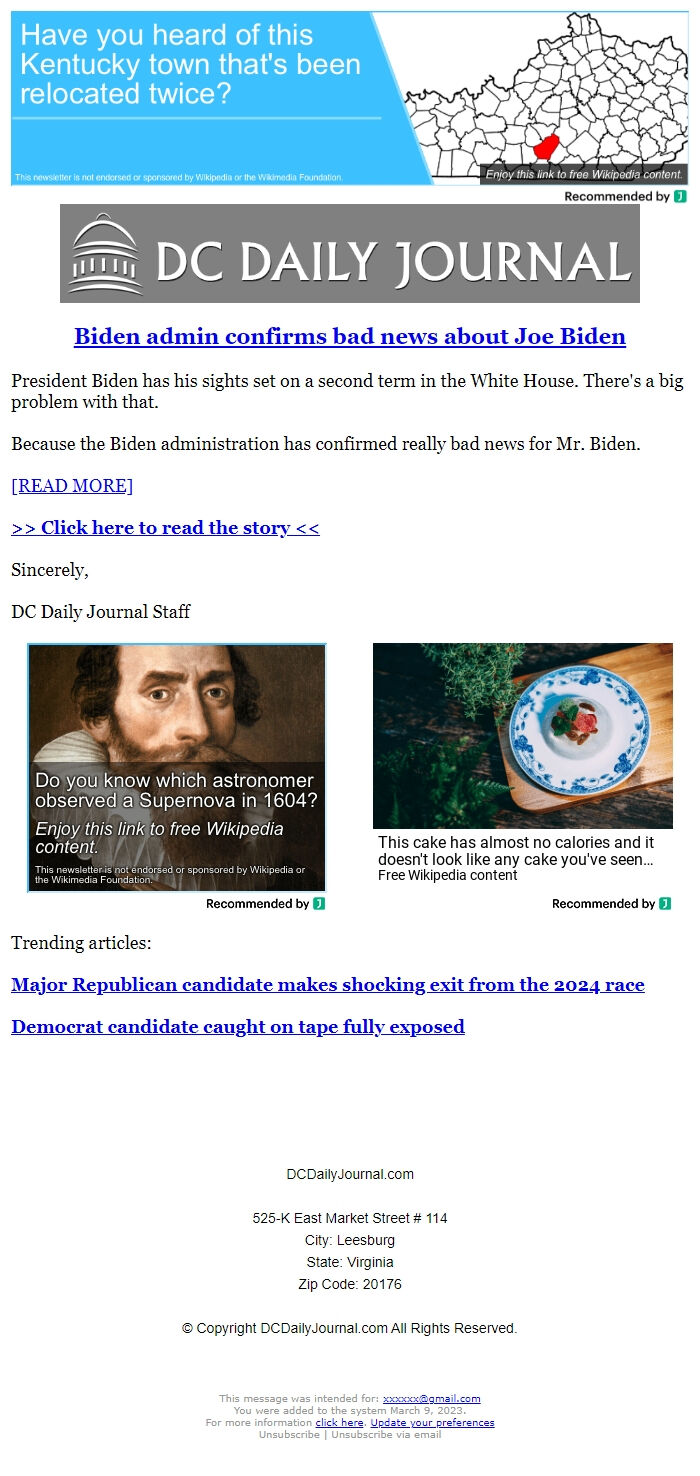 Screenshot of the email generated on import