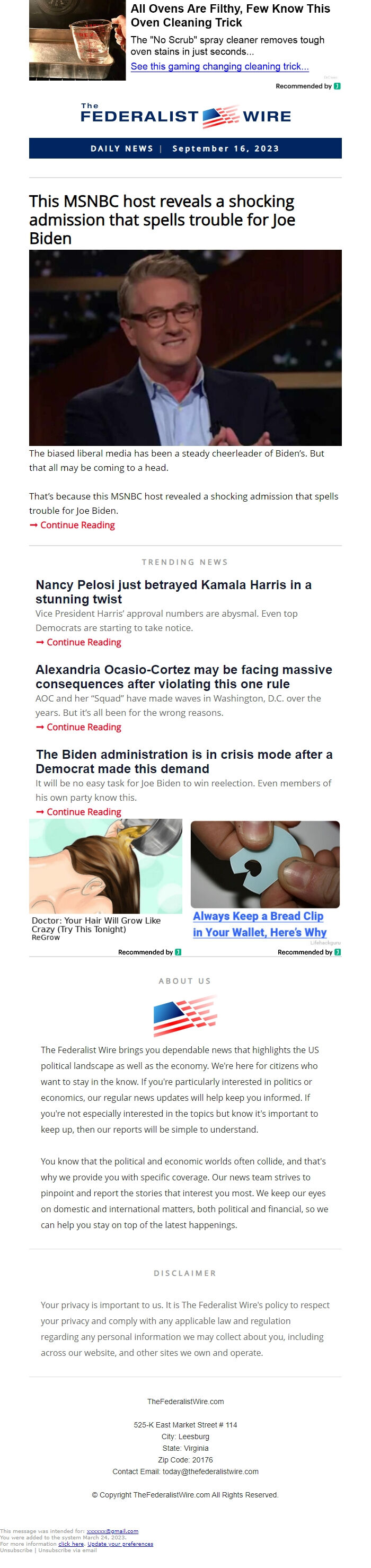 Screenshot of the email generated on import