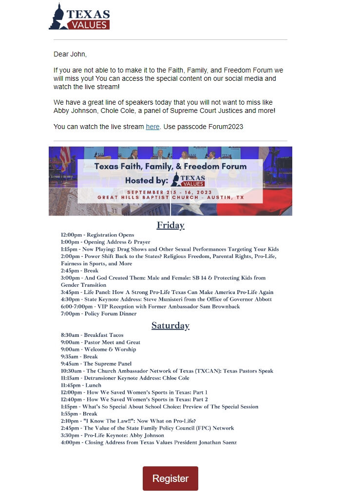 Screenshot of the email generated on import