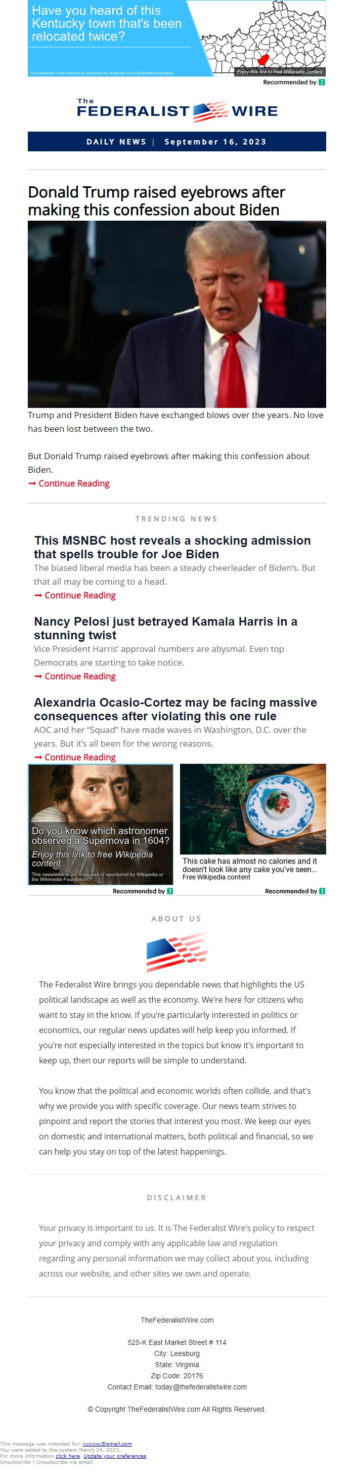 Screenshot of the email generated on import