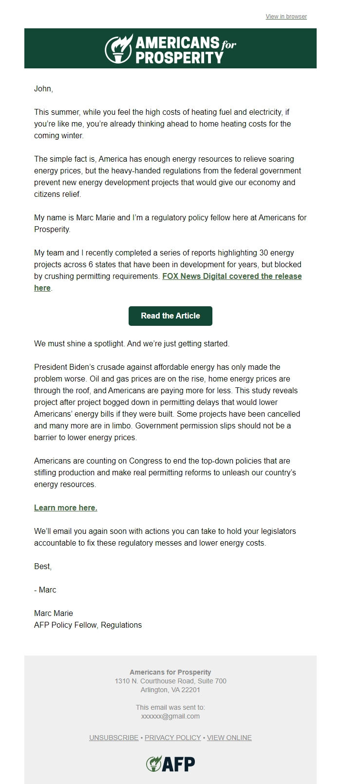 Screenshot of the email generated on import