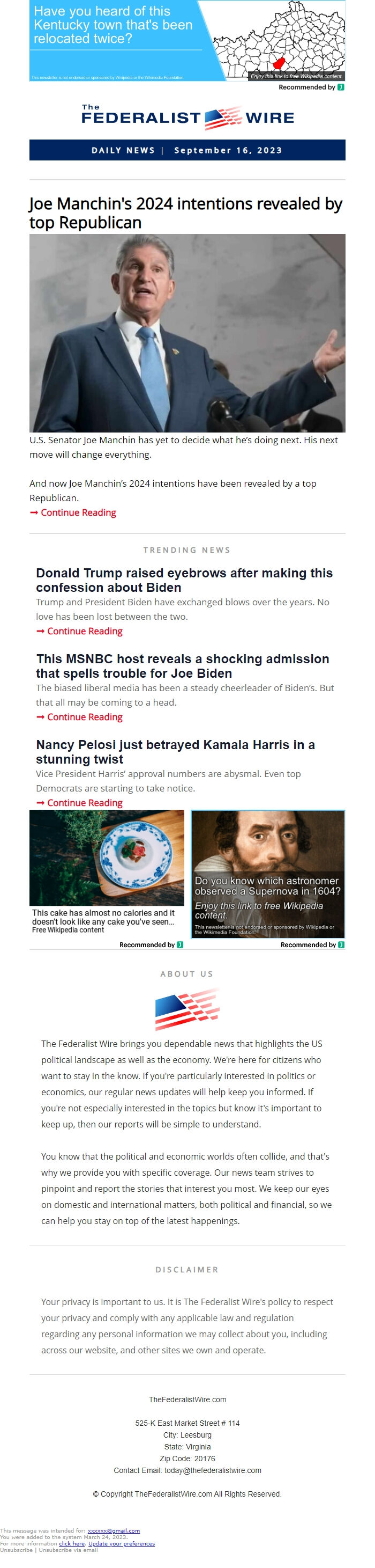 Screenshot of the email generated on import