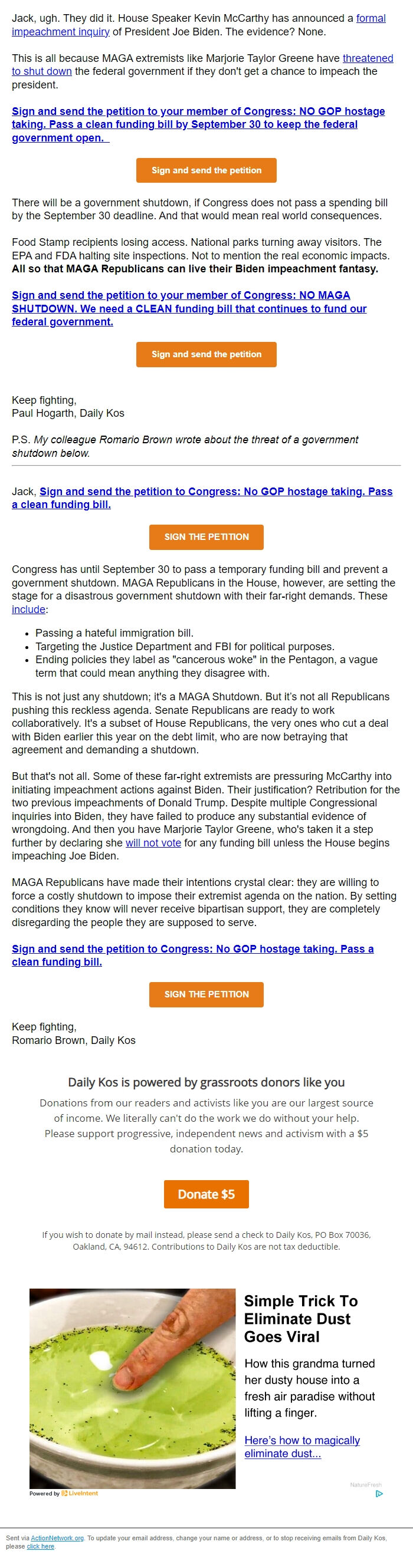 Screenshot of the email generated on import