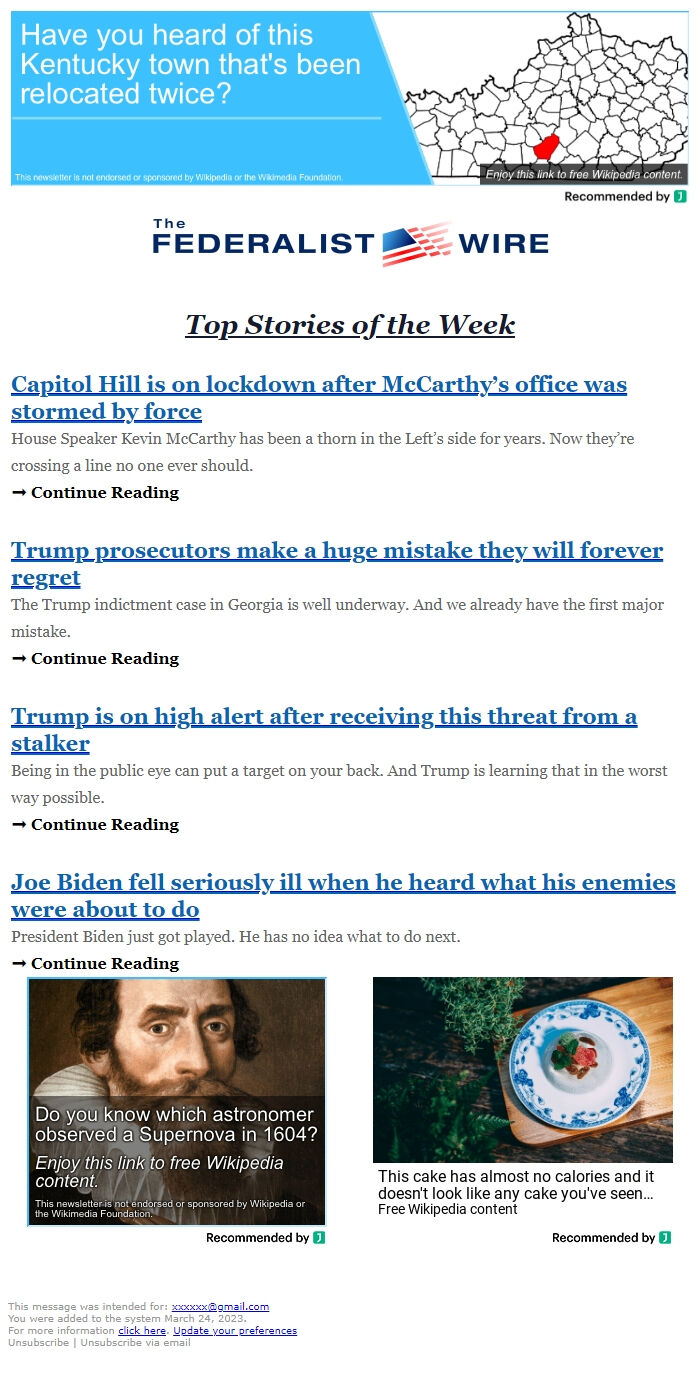 Screenshot of the email generated on import