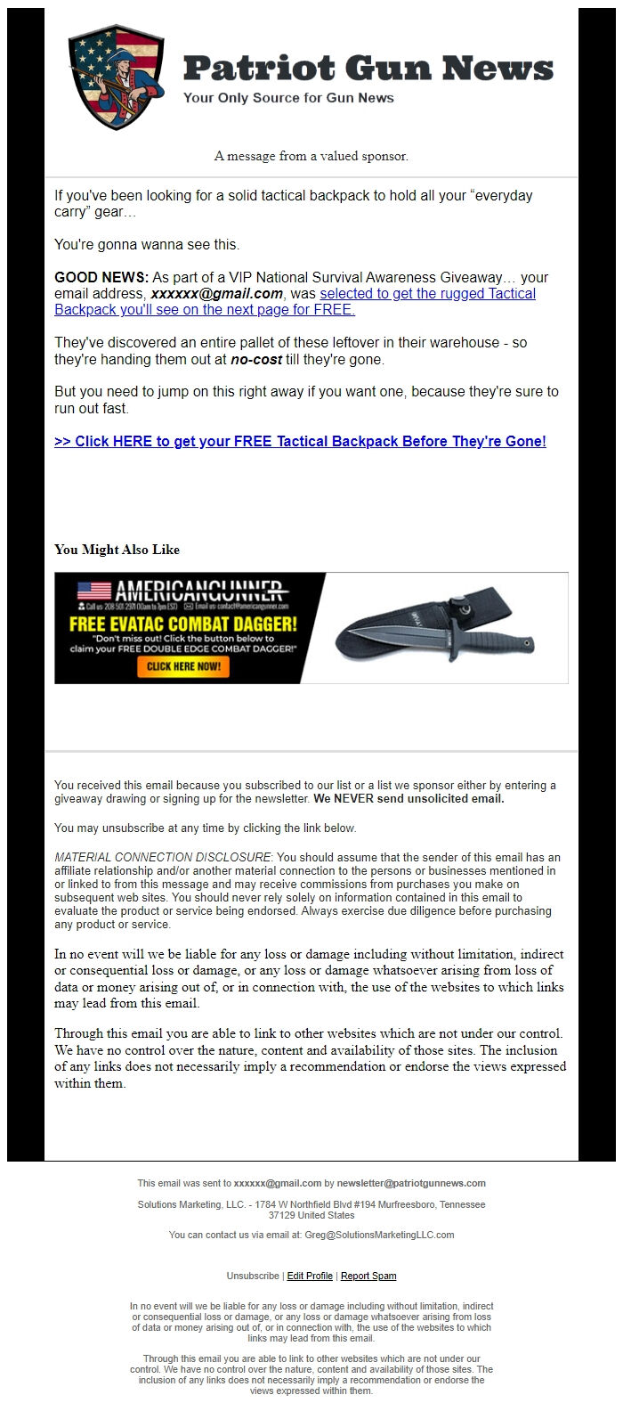 Screenshot of the email generated on import
