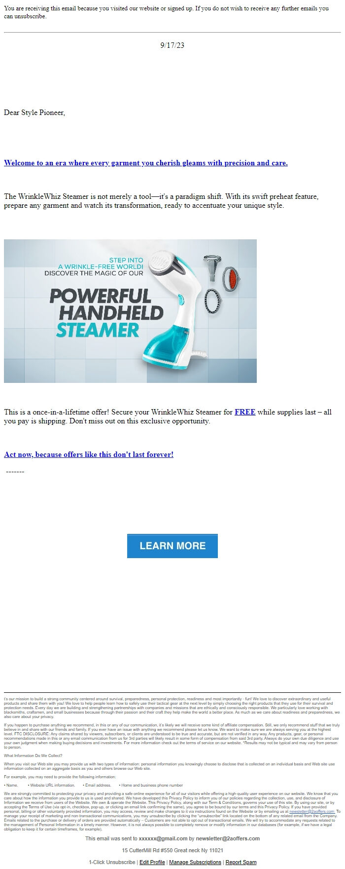 Screenshot of the email generated on import