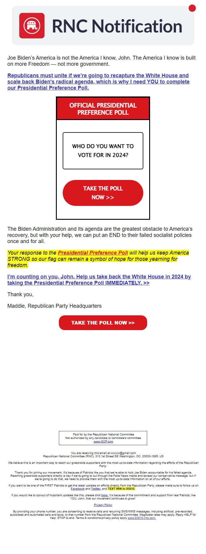 Screenshot of the email generated on import