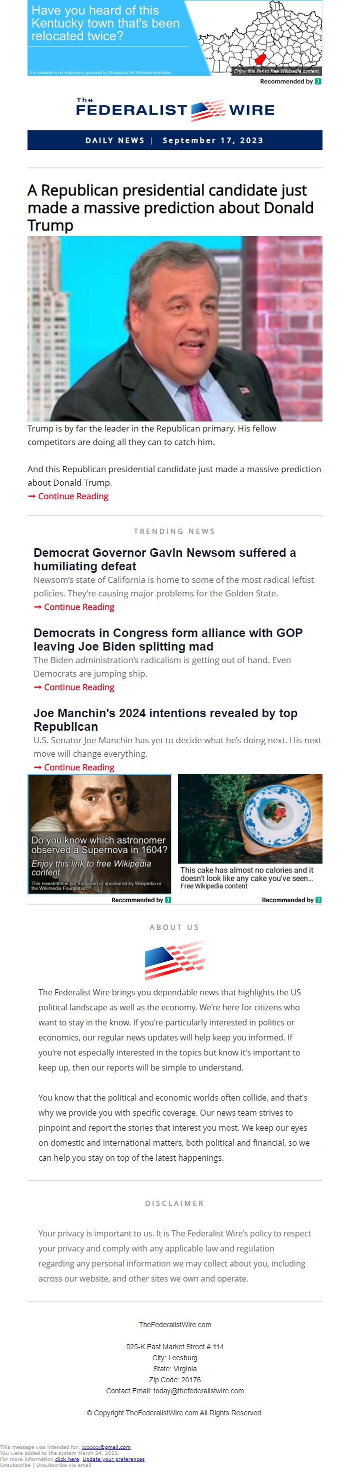 Screenshot of the email generated on import