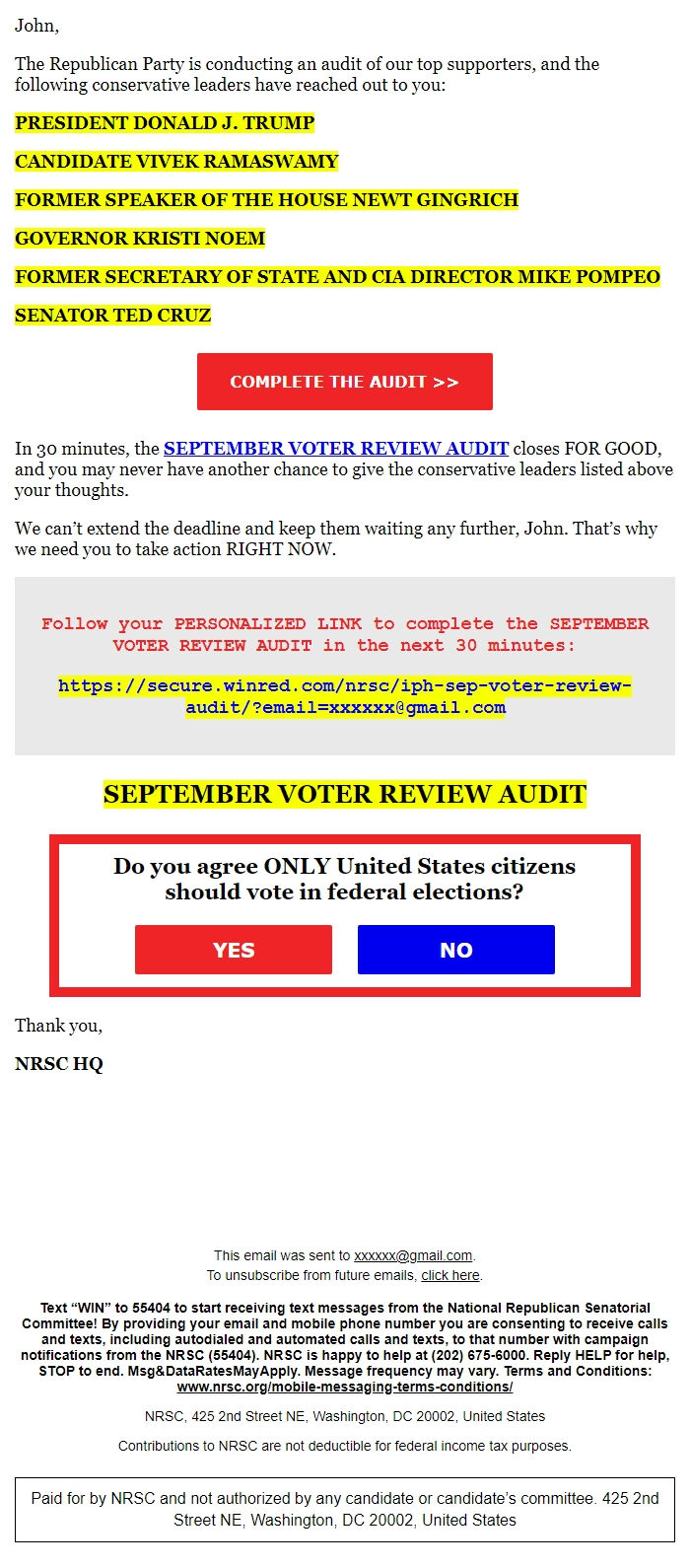 Screenshot of the email generated on import
