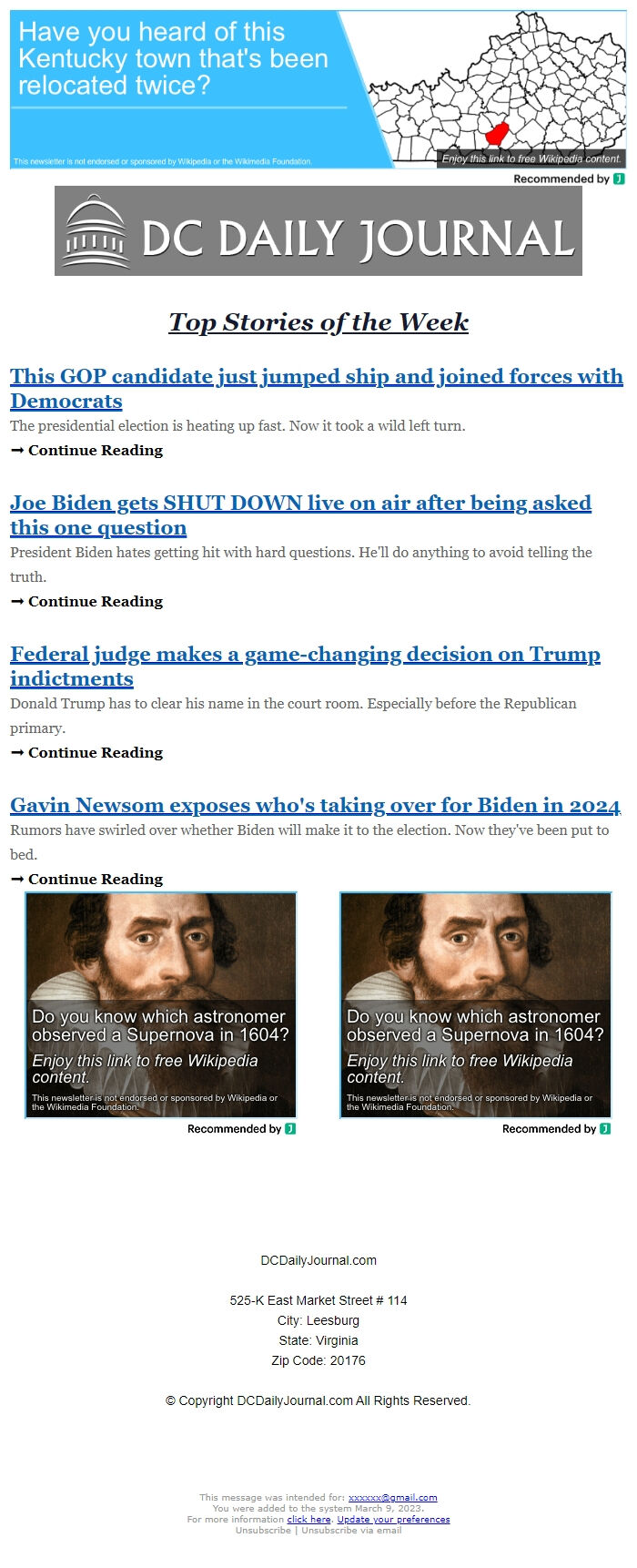 Screenshot of the email generated on import