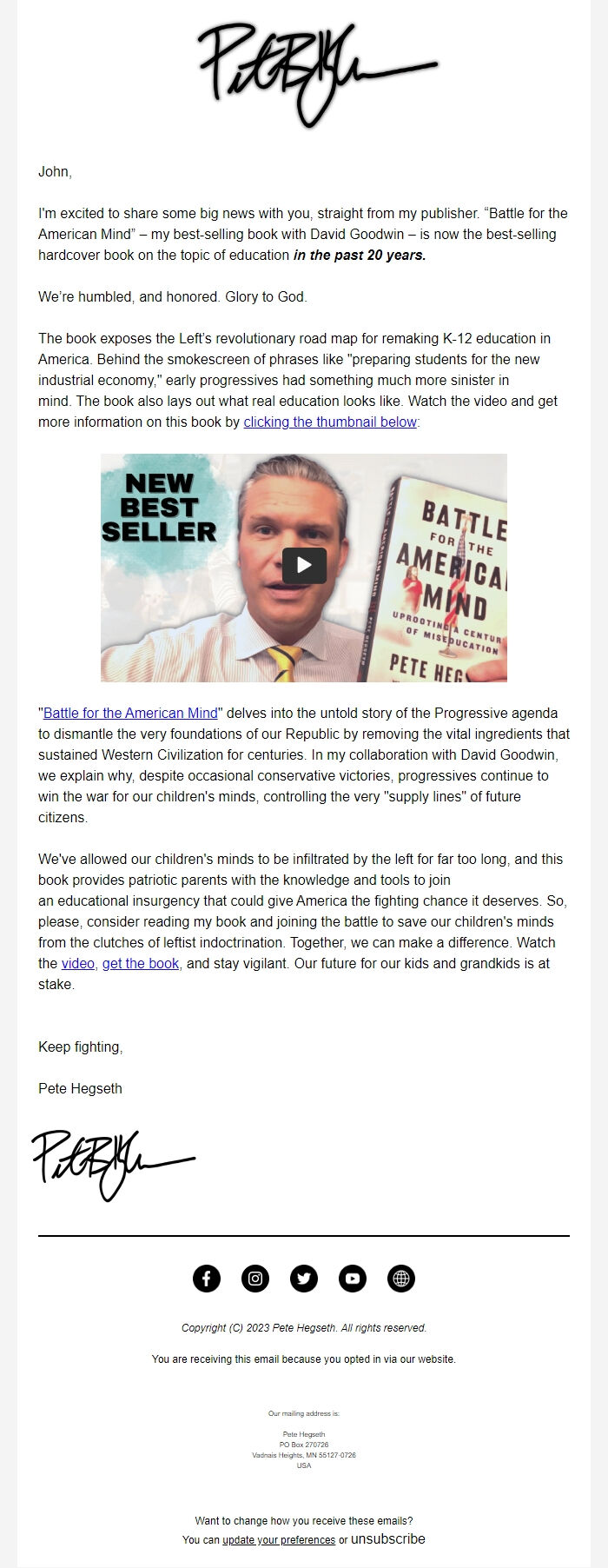 Screenshot of the email generated on import