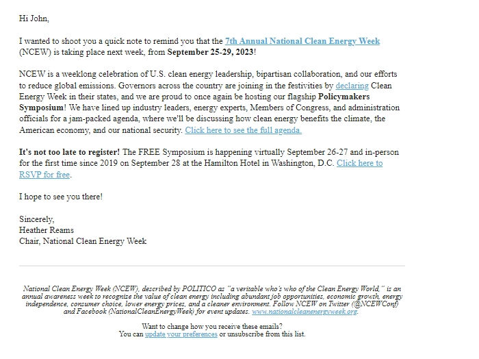 Screenshot of the email generated on import