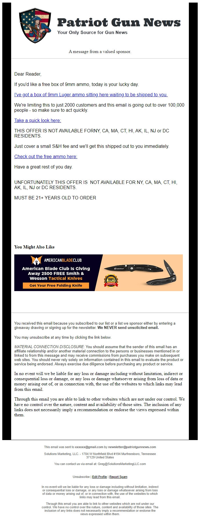 Screenshot of the email generated on import