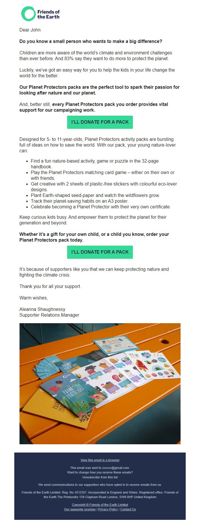 Screenshot of the email generated on import