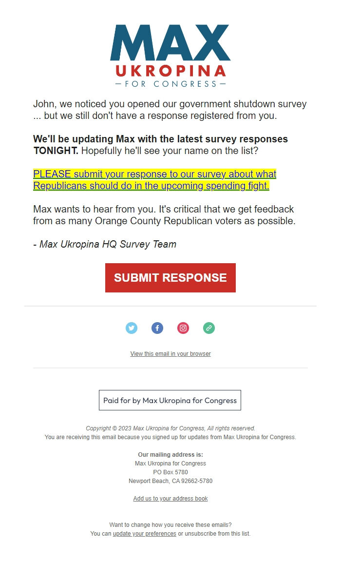 Screenshot of the email generated on import