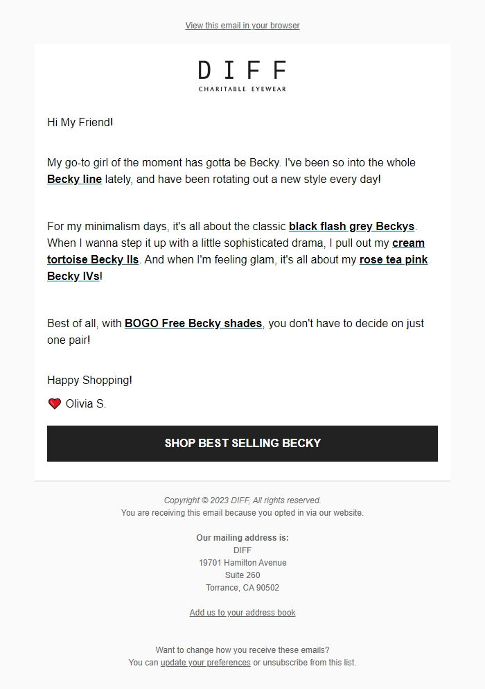 Screenshot of the email generated on import