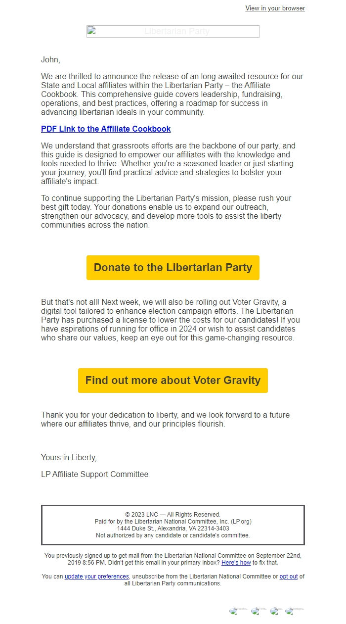 Screenshot of the email generated on import