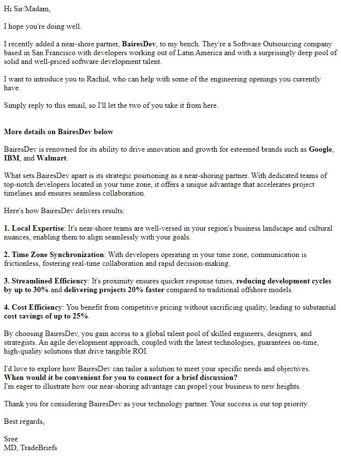Screenshot of the email generated on import
