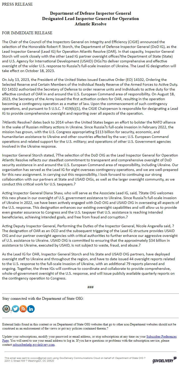 Screenshot of the email generated on import