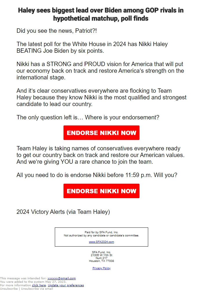 Screenshot of the email generated on import